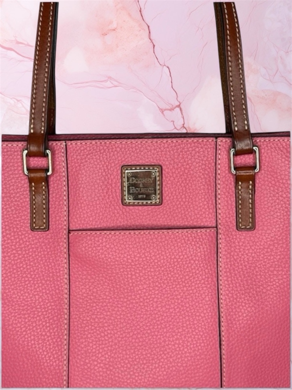 Dooney & Bourke Pink Pebble Leather Tote with Brown Straps and Logo Plaque - Picture 3 of 14